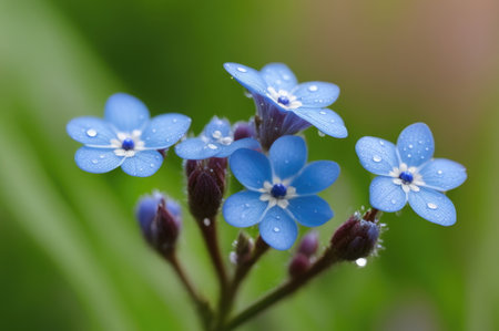 macro delicate beauty of forget-me-not flowers with their vivid blue petals and bright yellow centers, adorned with pristine dew drops against a lush green backgroundの素材