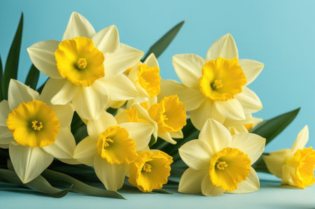 Bouquet of yellow daffodils with green leaves on a soft blue backgroundの素材