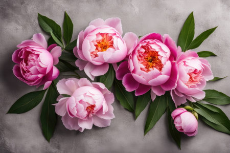 Pink peony flowers in full bloom and buds on a light concrete backgroundの素材