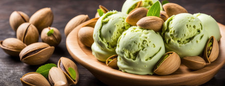 Pistachio Ice Cream Scoops in Wooden Bowl with Fresh Leaves and Nutsの素材