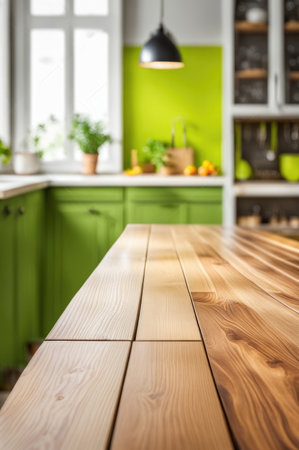Wooden Countertop with Blurred Kitchen Window Viewの素材