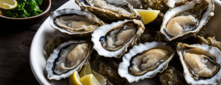 Fresh Oysters on Ice with Lemon and Sauce on Dark Plateの素材