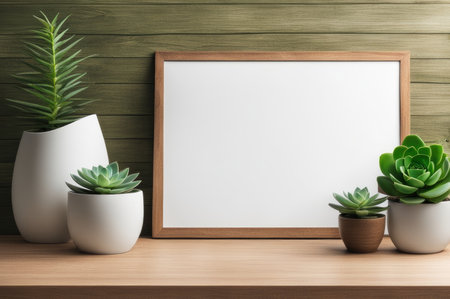 Minimalist Desk Setup with Blank Poster Frame and Green Succulentsの素材