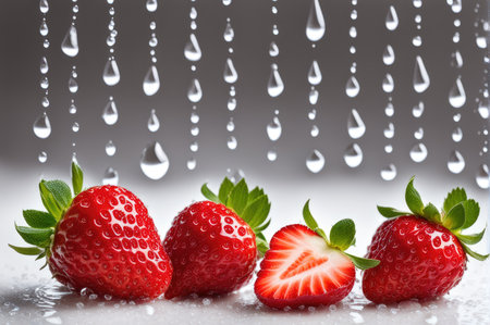 Fresh Strawberries with Water Drops on a Reflective Surfaceの素材