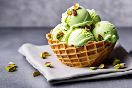 Pistachio Ice Cream Scoops with Waffles with Nuts and Fresh Mintの素材