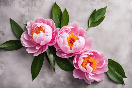 Pink peony flowers in full bloom and buds on a light concrete backgroundの素材