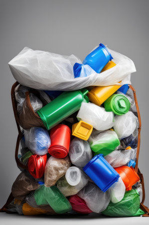 Bursting Black Garbage Bag with Visible Plastic Waste on Neutral Backdropの素材
