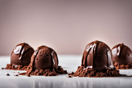 Gourmet Chocolate Ice Cream Scoops with Cocoa Powder and Shavingsの素材