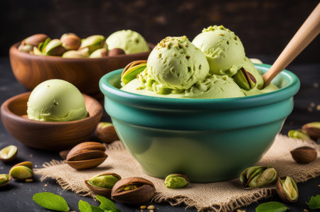 Vibrant Pistachio Ice Cream Scoops in Bowl on Rustic Tableの素材
