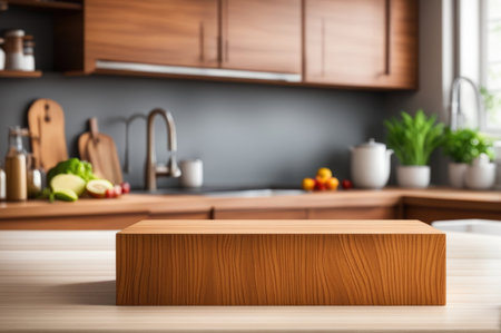 Empty Wooden Pedestal on Modern Kitchen Counter with Blurry Backgroundの素材