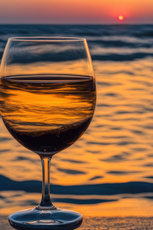 Sunset Reflections in Glass of White Wine by the Seashoreの素材
