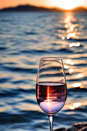 Elegant Pink Wine Glass Overlooking Sunset Seascapeの素材
