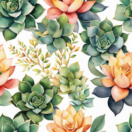 Pattern of Watercolor Succulents with Gold Splashes on White Backgroundの素材