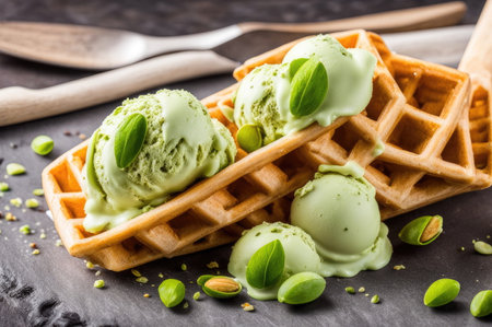 Pistachio Ice Cream Scoops with Waffles with Nuts and Fresh Mintの素材