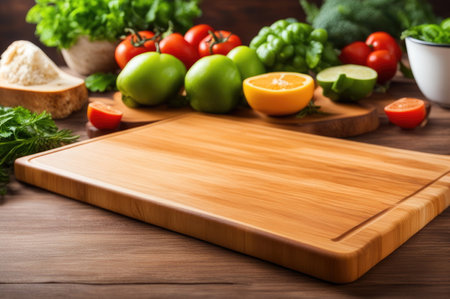 Fresh Ingredients on Wooden Cutting Board with Blurry Kitchen Backgroundの素材