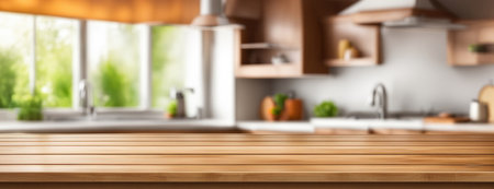 Wooden Countertop with Blurred Kitchen Window Viewの素材