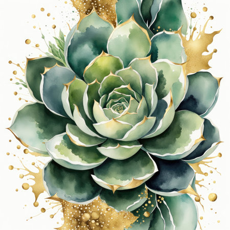 Elegant Watercolor Succulent with Golden Accents on Light Backgroundの素材