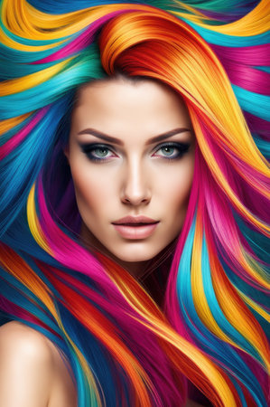 Woman with Vibrant Rainbow Colored Hair Flowing on Pastel Backgroundの素材