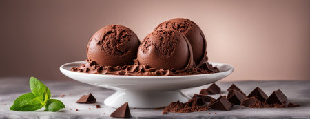 Artisan Chocolate Ice Cream in Bowl with Cocoa and Chocolate Piecesの素材