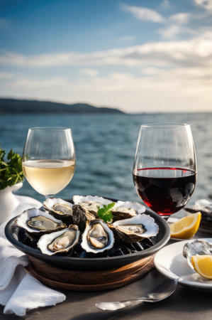 Oysters on Half Shell with Ice and Lemon by the Seaside. With wineの素材