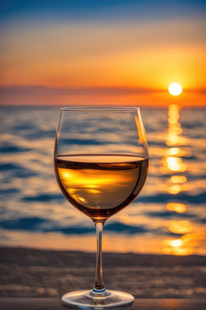 Sunset Reflections in Glass of White Wine by the Seashoreの素材