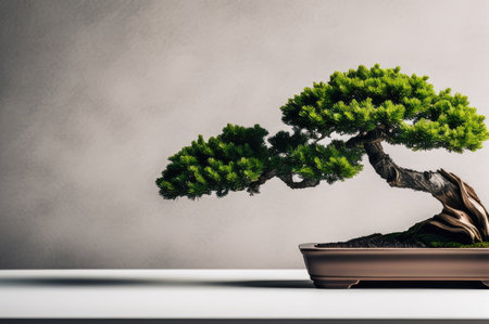 Majestic Bonsai Tree Display with Soft Background and Dramatic Silhouetteの素材