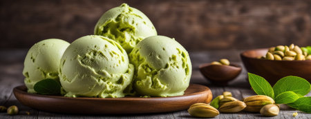 Pistachio Ice Cream Scoops in Wooden Bowl with Fresh Leaves and Nutsの素材