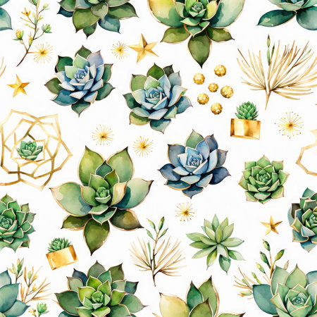 Pattern of Watercolor Succulents with Gold Splashes on White Backgroundの素材