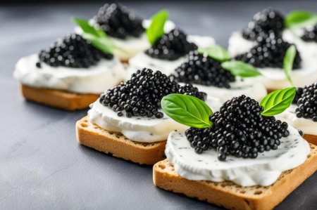 Crackers with Cream Cheese and Black Caviar Garnished with Fresh Mintの素材