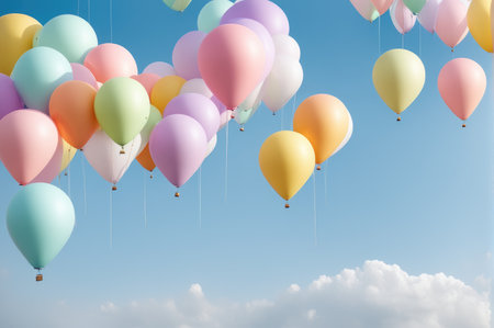 festive holiday background of many colorful balloonsの素材