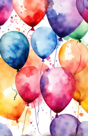 many colorful festive watercolor balloons on white backgroundの素材