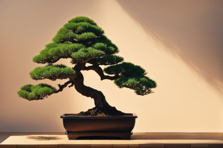 Elegant Bonsai Tree in a Sunlit Room Casting Trendy Shadowsの素材