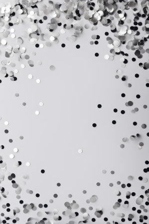 Silver Confetti Shower on White Elegant Backdropの素材
