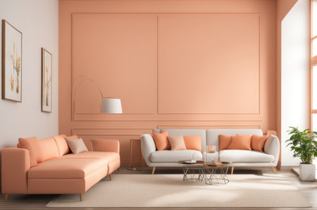Chic Peach-Toned Living Room Interior with Elegant Furniture and Classic Detailsの素材