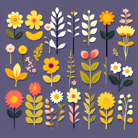 Set of Stylized Flat Design Flowers on a Soft Color Backgroundの素材