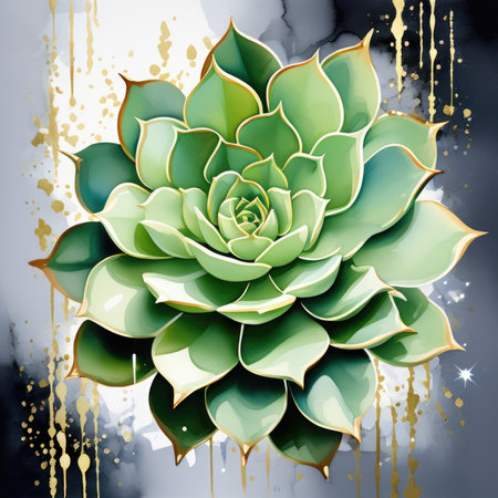 Elegant Watercolor Succulent with Golden Accents on Light Backgroundの素材