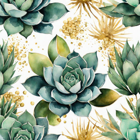 Pattern of Watercolor Succulents with Gold Splashes on White Backgroundの素材