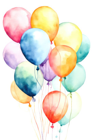 many colorful festive watercolor balloons on white backgroundの素材