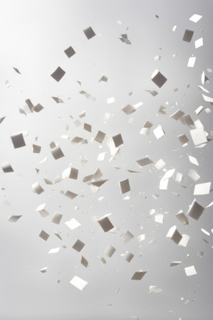 Whimsical White Confetti Flight on Soft Gray Backgroundの素材