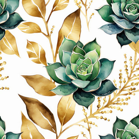 Pattern of Watercolor Succulents with Gold Splashes on White Backgroundの素材