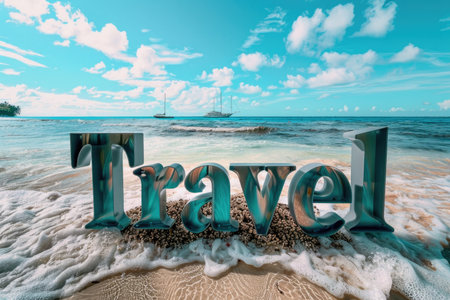 Tropical Beach Travel Concept with Palm Trees and Ocean Waves Under Sunny Blue Sky.の素材