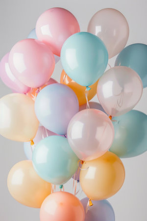 Colorful Pastel Balloons Floating Against a White Background.の素材