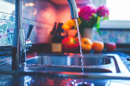 Modern Kitchen Faucet with Running Water in a Bright and Airy Kitchen.の素材