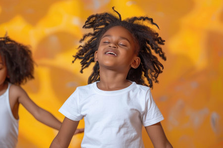 Joyful Children Playing in White Shirts with Natural Hairstyles.の素材