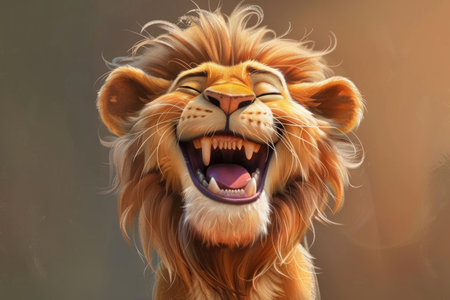 Smiling Cartoon Lion with Realistic Fur on Gradient Brown Background.の素材