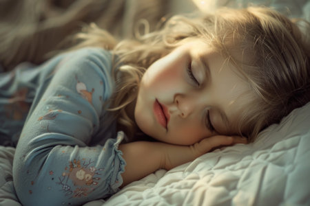 Peaceful Sleeping Child: Serene Moment of a Cute Little Girl in Bed.の素材