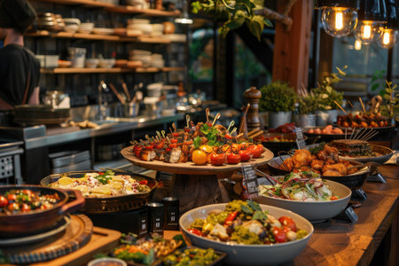 Gourmet Buffet Spread with Fresh Salads, Grilled Vegetables, and Delicious Appetizers in Rustic Kitchen.の素材