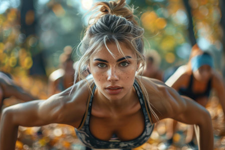 Focused Woman Exercising Outdoors Amidst Nature in Autumn.の素材
