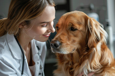 Veterinarian Caring for Golden Retriever During Routine Check-Up in Clinic.の素材