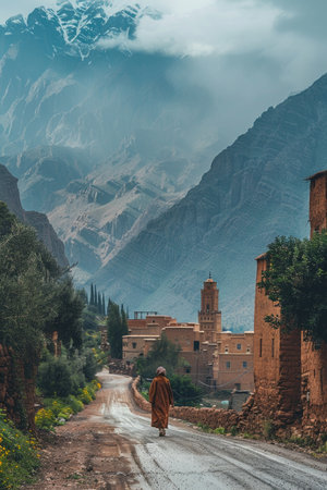 Solitary Figure Walking on a Mountain Path Towards a Village in the Atlas Mountains.の素材